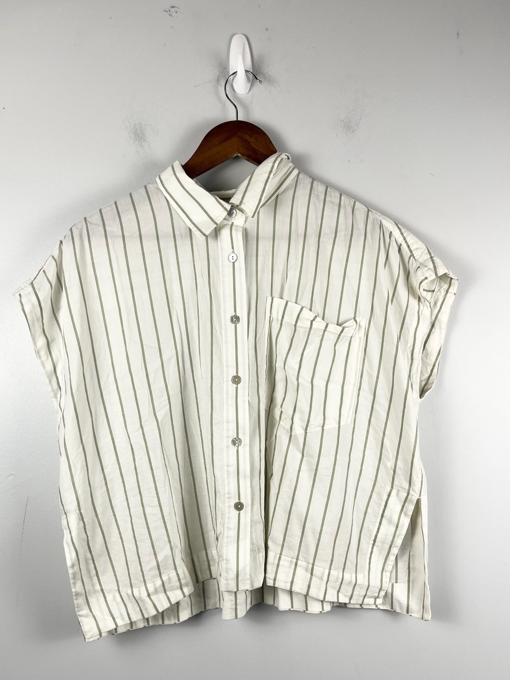 Pistola green cream striped boxy button down top size XS